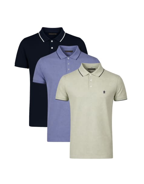 French Connection 3 pack cotton short sleeve pique polo shirts in navy