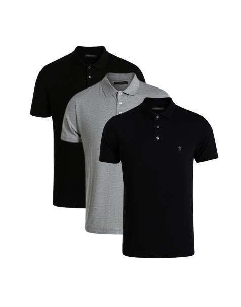 French Connection 3 pack cotton short sleeve polo shirts in black
