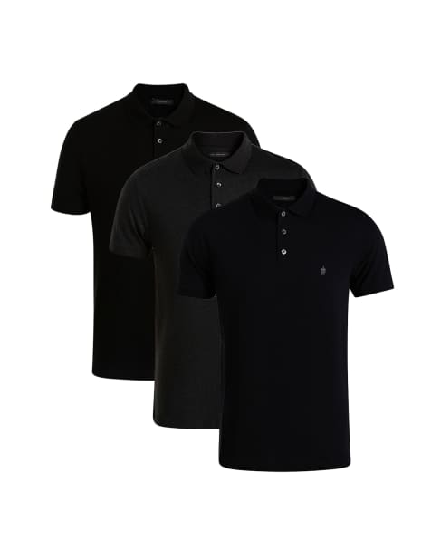 French Connection 3 pack cotton short sleeve polo shirts in charcoal - view 1
