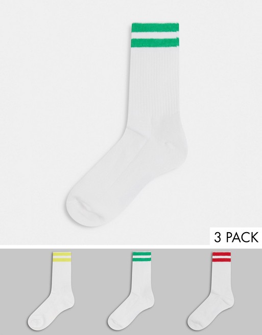 French connection 3 pack FCKU 2 stripe sports sock in red green and yellow