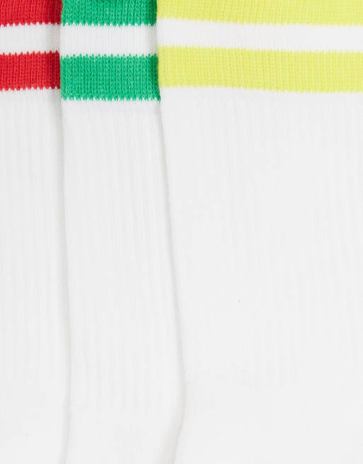 French Connection 3-pack striped ankle socks in red, green and yellow