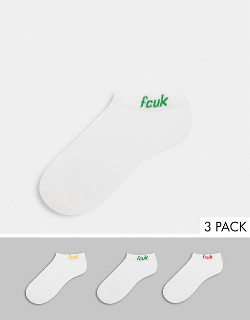 French connection 3 pack FCUK ankle sock with multi colour logo