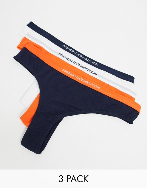 French Connection 3 pack plain FC thong in orange/black/white
