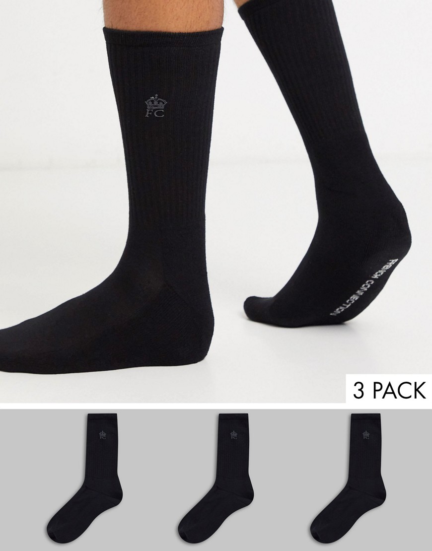 French Connection 3 pack ribbed sports socks in black