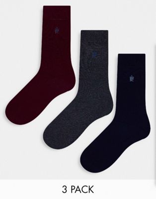 French Connection 3 pack socks in black, grey and burgundy