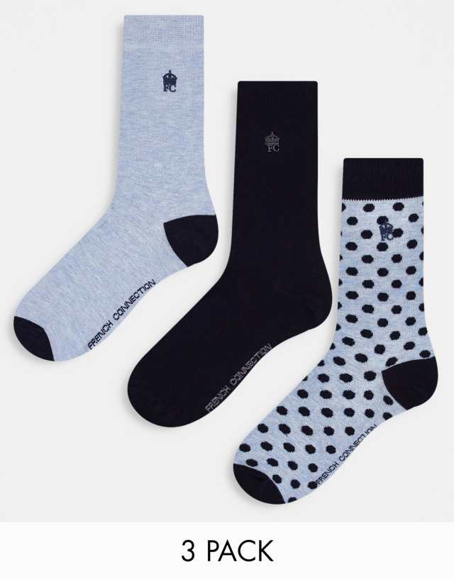 French Connection 3 pack socks in blue all over print