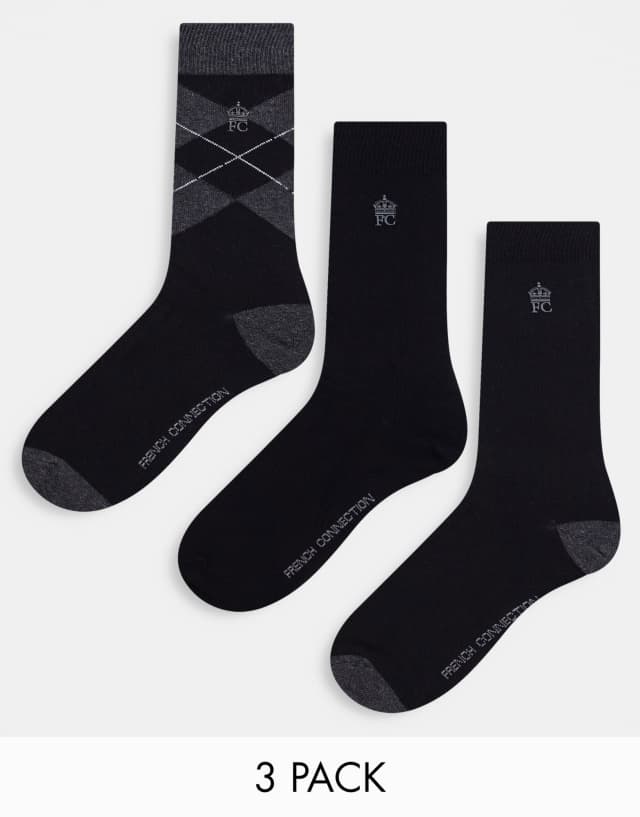 French Connection 3 pack socks in charcoal argyle print