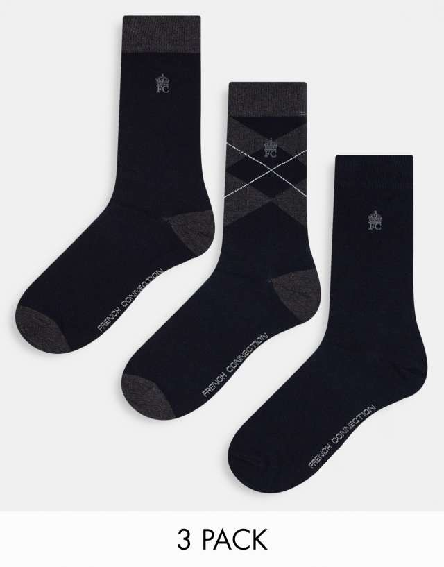 French Connection 3 pack socks in navy and gray