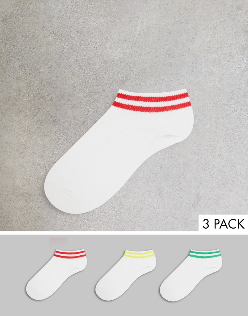 French Connection 3-pack striped ankle socks in red, green and yellow-White