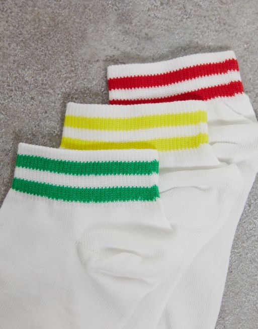 French Connection 3-pack striped ankle socks in red, green and yellow