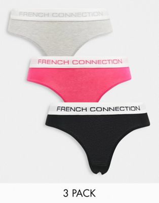 French Connection 3 pack thongs in black, pink violet and grey