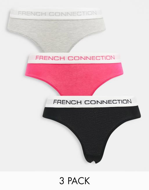 French Connection 3 pack thongs in black, pink violet and grey 