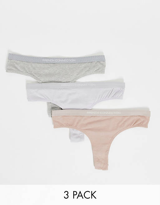 French Connection 3 pack thongs with logo waistband in pastel grey mix