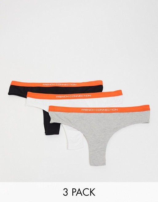 French Connection 3 pack thongs with orange waistband in black grey white