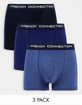French Connection 3 pack trunks with contrast waistband in blue multi