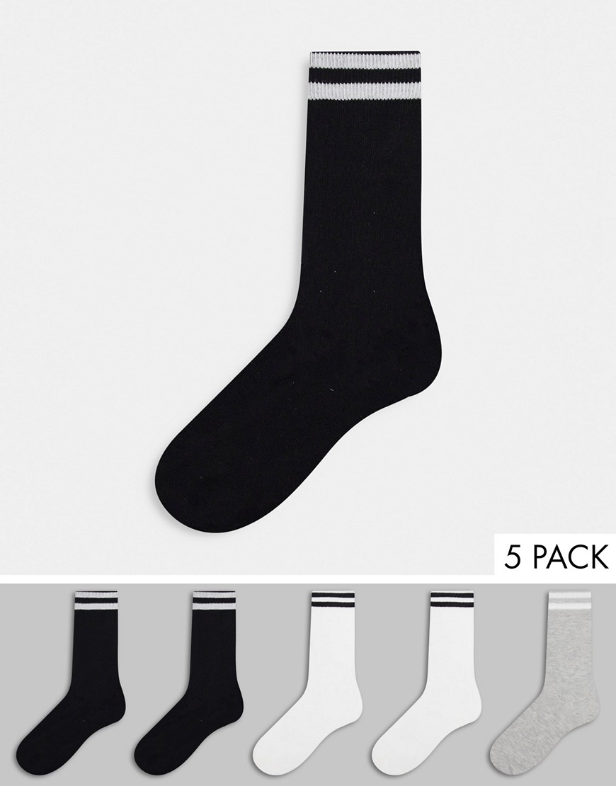 French connection 5 pack 2 stripe sport sock in black white and gray-Multi
