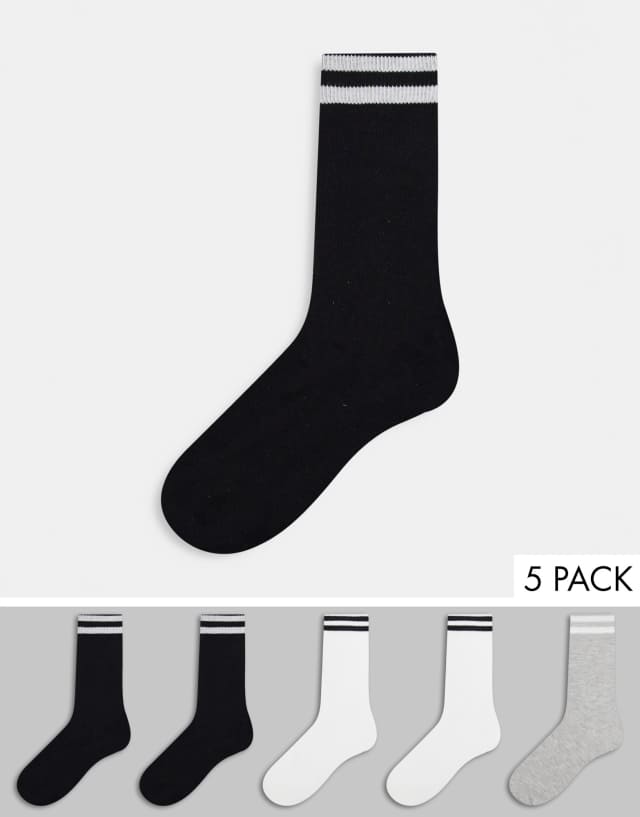 French connection 5 pack 2 stripe sport sock in black white and gray