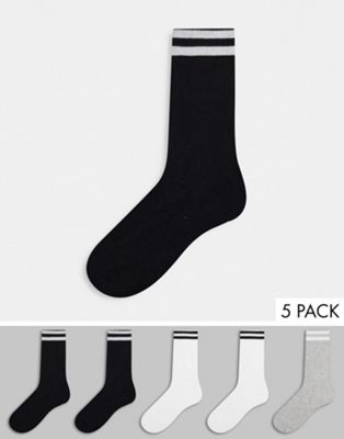 French connection 5 pack 2 stripe sport sock in black white and grey
