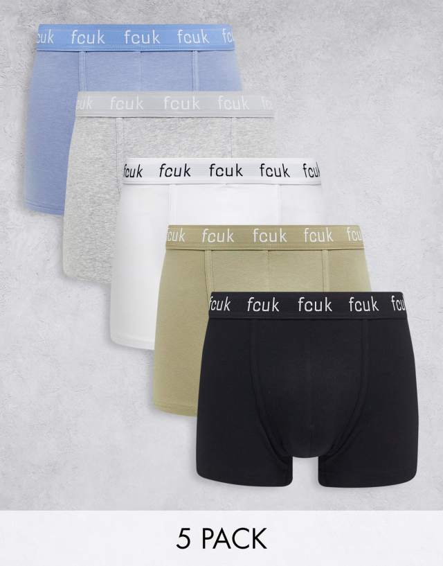 French Connection 5 pack boxers in black white blue khaki and gray