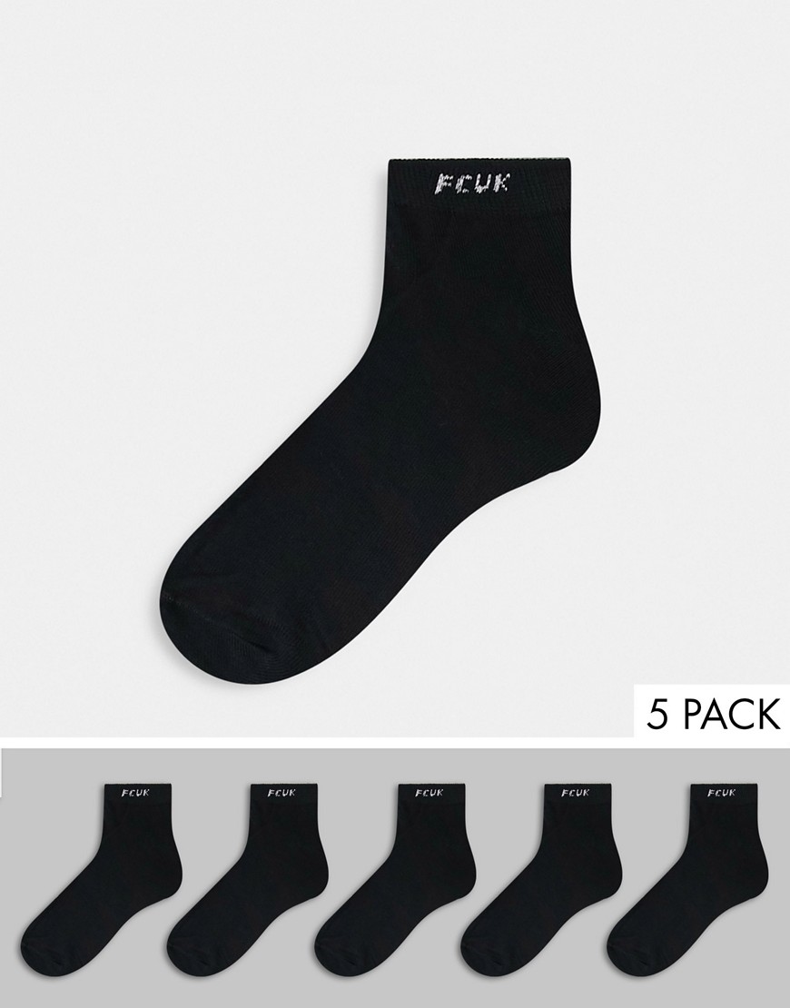 French Connection 5 pack FCUK sneaker socks in black and white