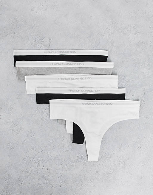 French Connection 5 pack thongs in black grey white mix