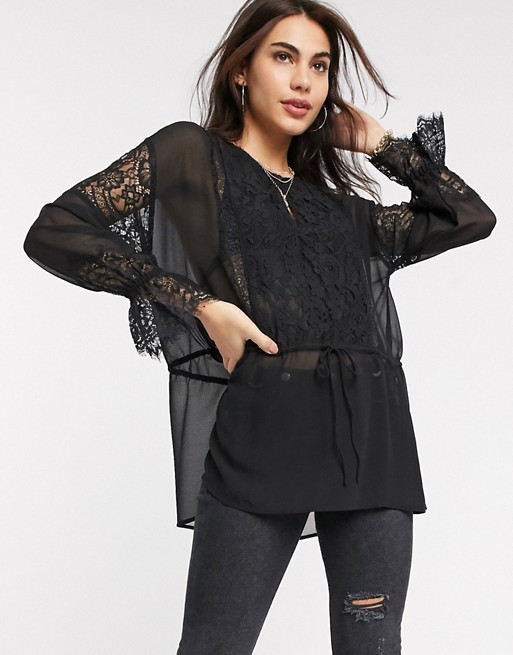 French Connection abella mix tie sleeve blouse in black