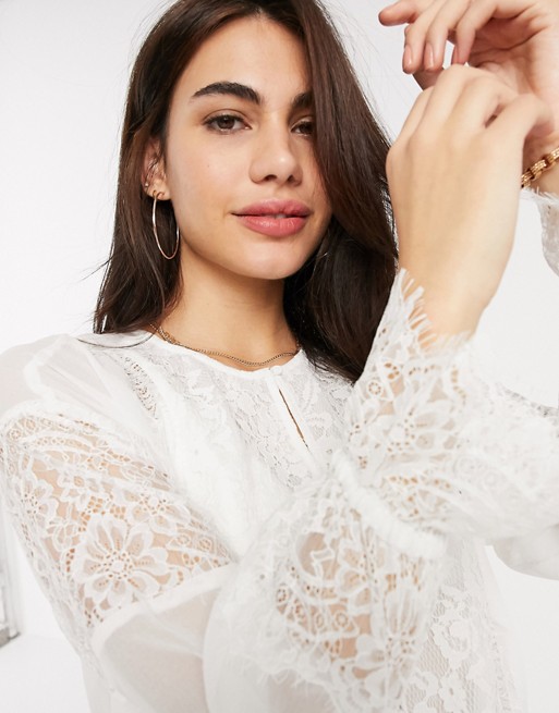French Connection abella mix tie sleeve blouse in white