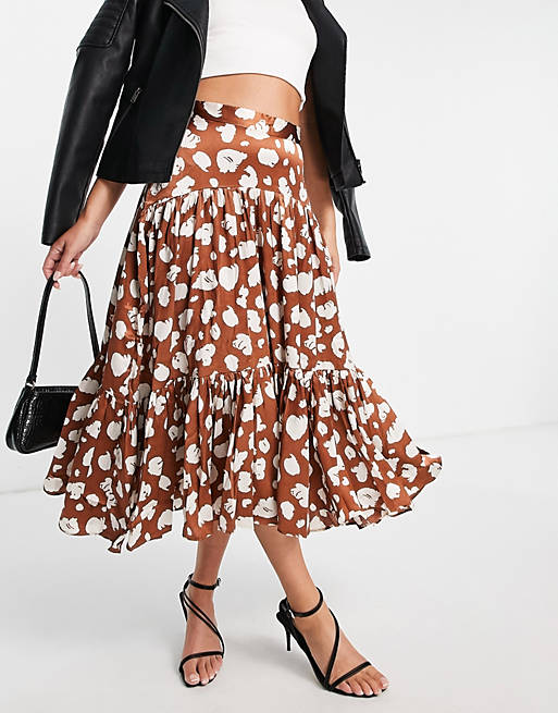 French Connection Aimee midi tiered circle skirt in orange brown flowers
