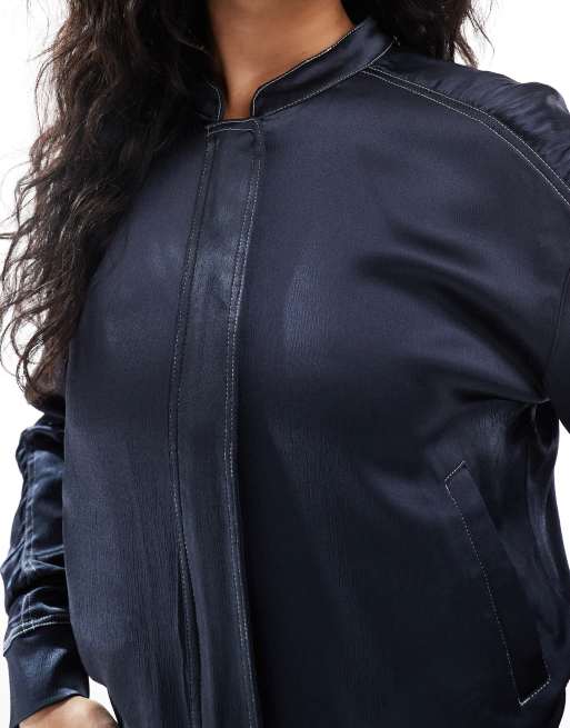 French Connection Akita ruched sleeve satin bomber jacket in