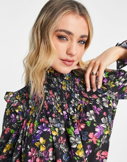French Connection alanna floral printed smocked dress in black