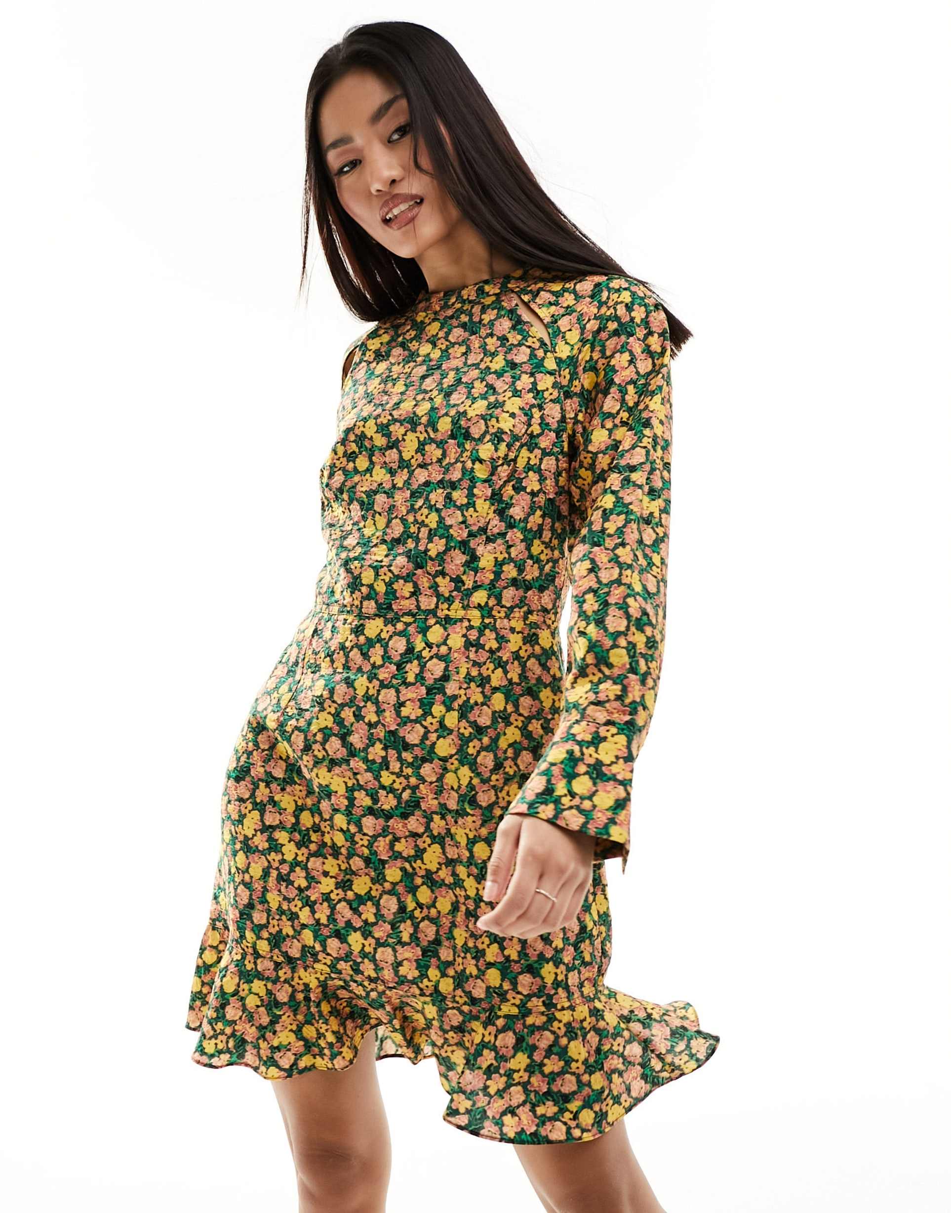 french connection aleezia textured long sleeve flippy mini dress in green floral