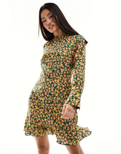 French Connection Aleezia textured long sleeve flippy mini dress in green floral ASOS