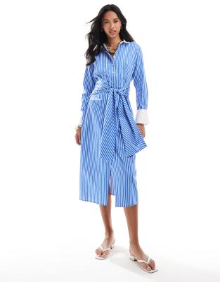 Alexis cotton midi shirt dress in white and blue stripe