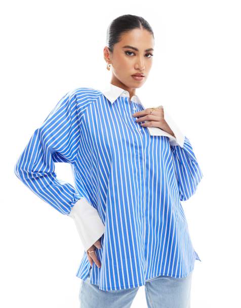 French Connection Alexis cotton shirt in blue and white stripe - view 1