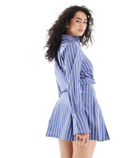 French Connection Alexis cotton stripe pleated mini skirt in navy and white co-ord, 3 of 5
