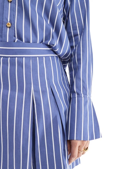French Connection Alexis cotton stripe pleated mini skirt in navy and white co-ord, 4 of 5