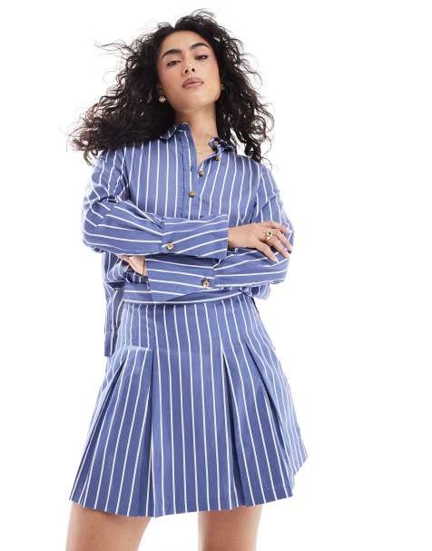 French Connection - Alexis - Minigonna a pieghe in cotone a righe navy e bianche in coordinato - view 1
