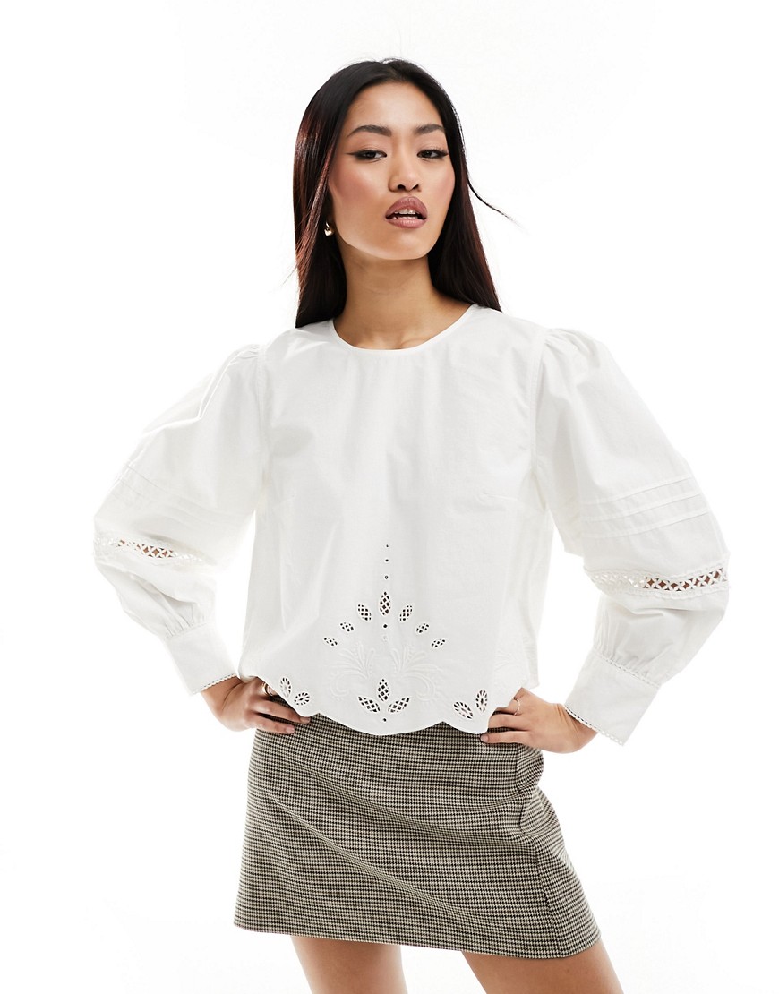 French Connection Alissa cotton broderie crop blouse in white