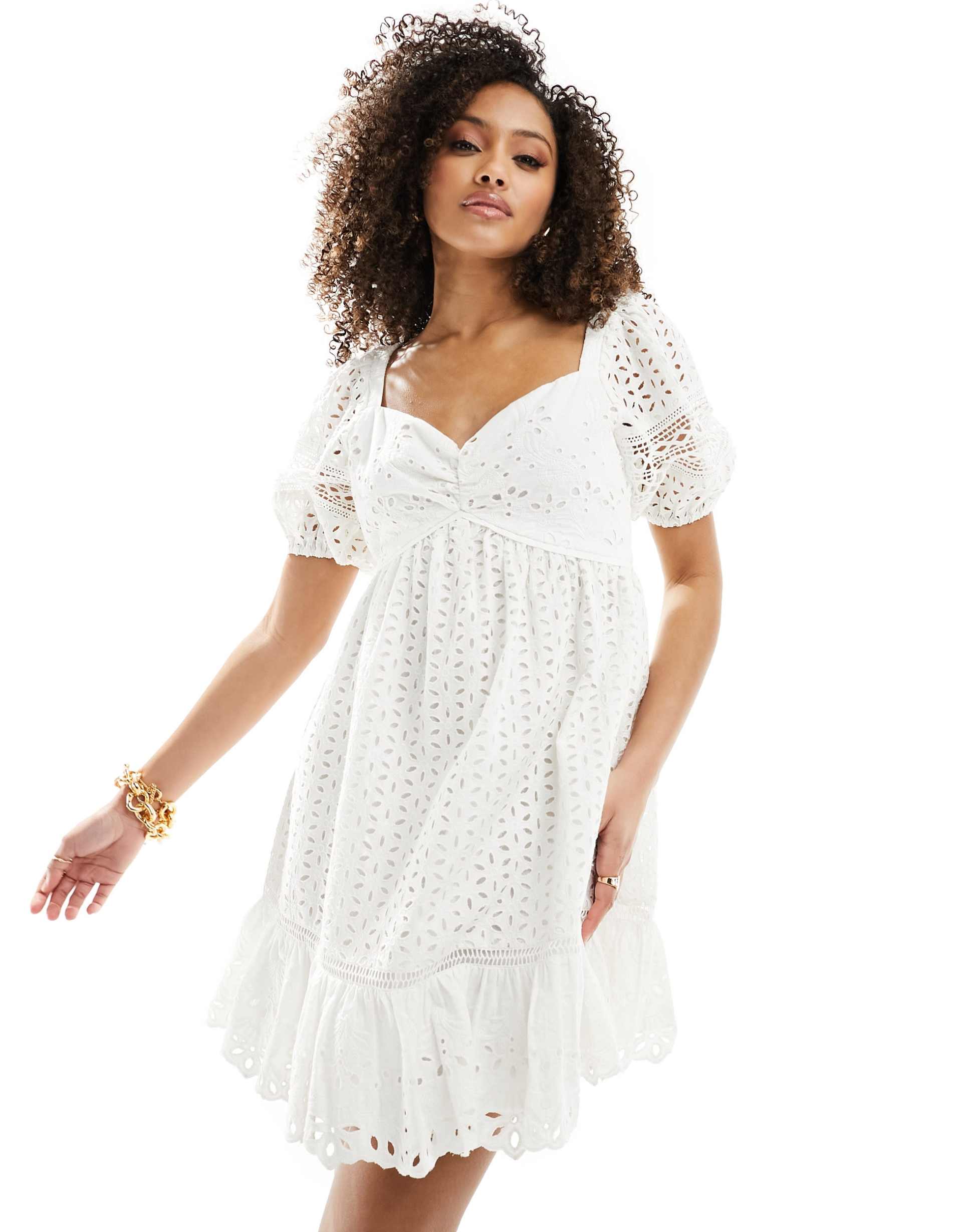 french connection alissa cotton broderie mini dress in white