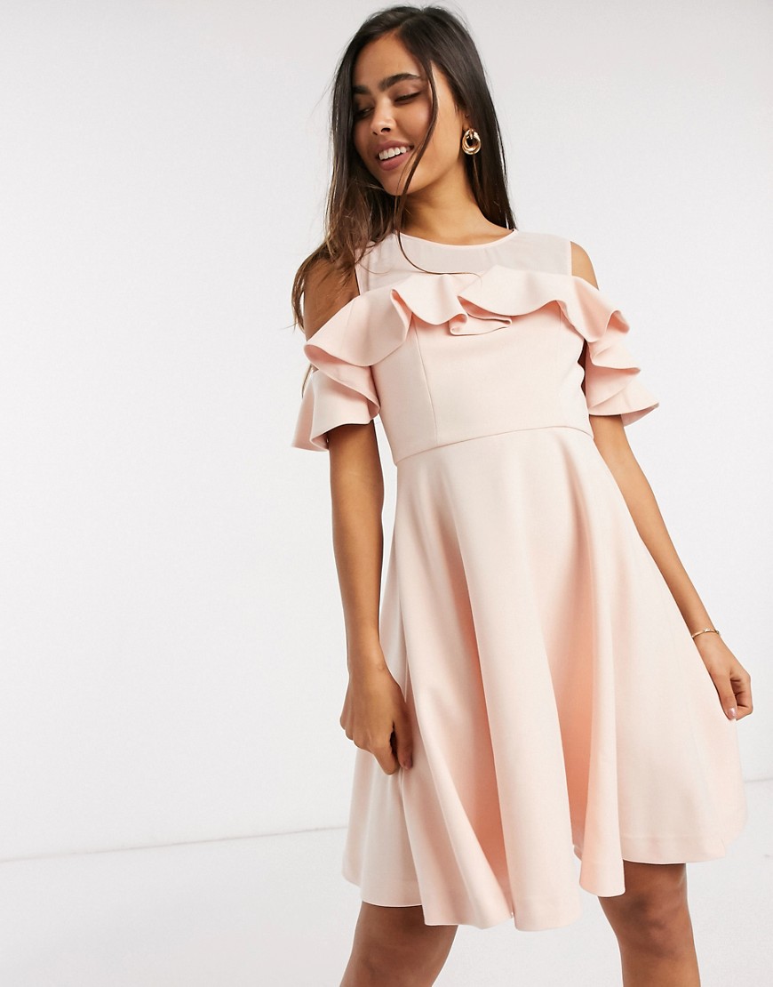 French Connection – Alissia – Rosa cold shoulder-klänning i utsvängd modell-Silver