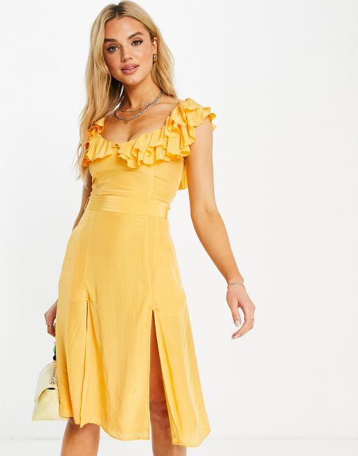 Ruffle neck outlet gown