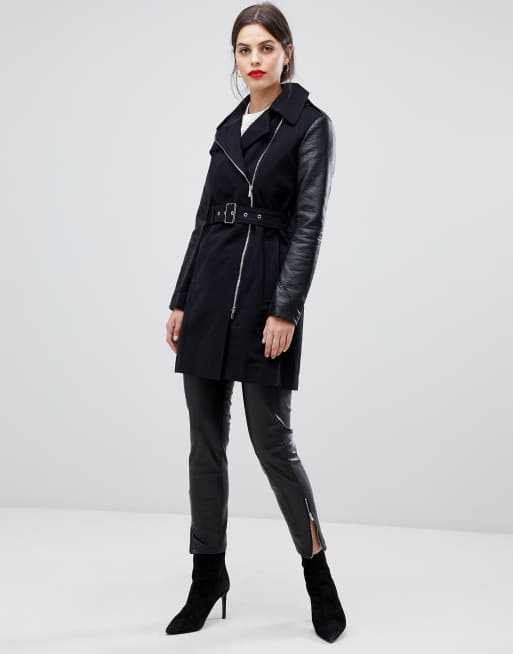 French Connection Amanda Trench Coat with Faux Leather Sleeves