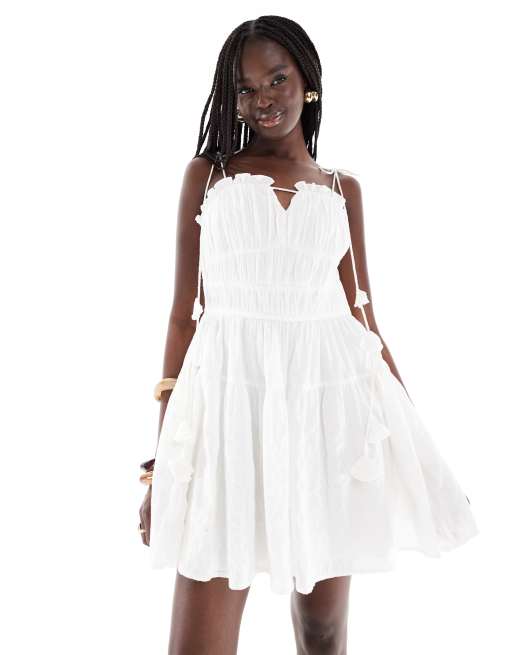 French Connection Ambra cotton gathered mini dress in white | ASOS