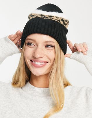 French Connection Animal Print Beanie Hat In Black
