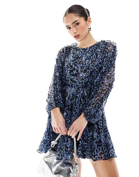 French Connection Anna chiffon mini pleat dress in navy scribble - view 1
