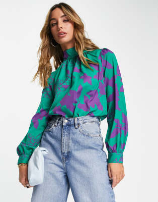 French Connection French Connection Arina high neck floral blouse in green