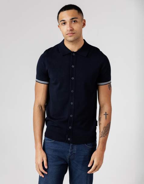 French Connection Arm stripe short sleeve button-up polo shirt in navy - view 1