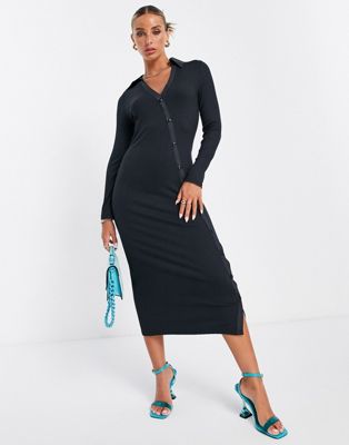 French Connection asymmetric button front midi jersey dress in black