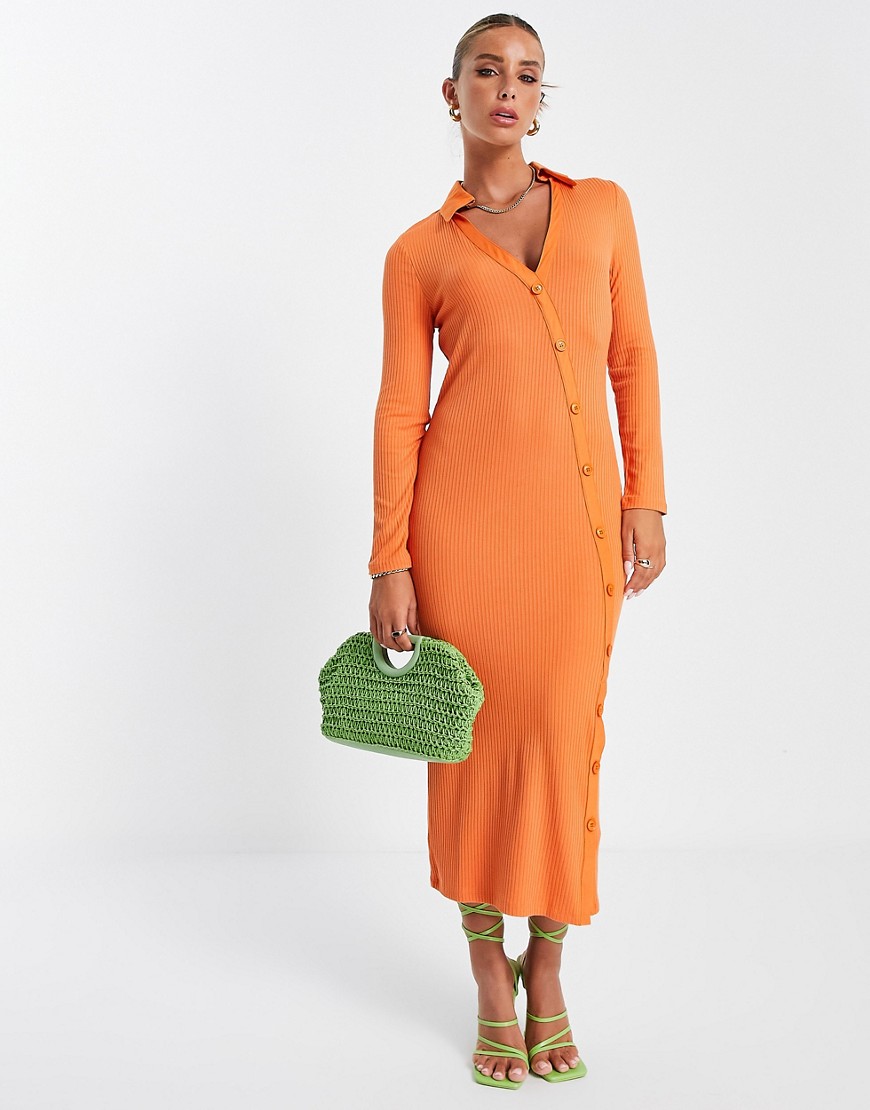 French Connection asymmetric button front midi jersey dress in orange-Black