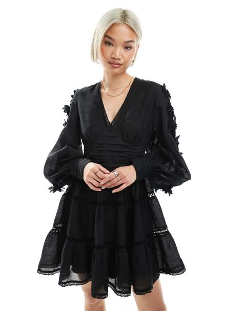 French Connection Aubrey 3D lace detail mini dress in black